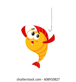 Funny golden, yellow fish character with human face scared of fishing hook, cartoon vector illustration isolated on white background. Yellow fish character, mascot too smart to get caught on hook