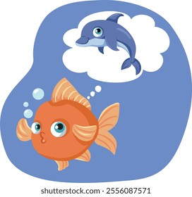 
Funny Goldfish Dreaming Being a Dolphin Vector Cartoon Illustration. Contrast between reality and aspirational fantasy in a fish character 
