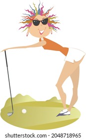 Funny golfer woman on the golf course illustration. Cartoon smiling golfer woman in sunglasses with golf club on the golf course isolated on white