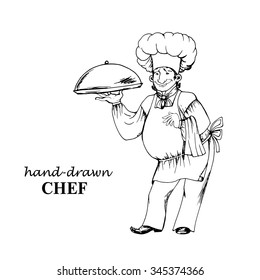 Funny  good Chef with great dish. Hand drawn vector illustration.