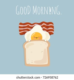 Funny Good Morning Breakfast Egg With Toast And Bacon Cartoon. Vector Illustration