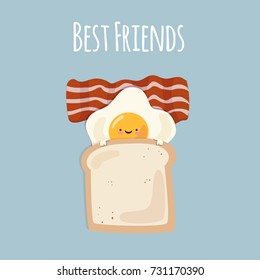 Funny good morning breakfast egg with toast and bacon cartoon. Vector illustration