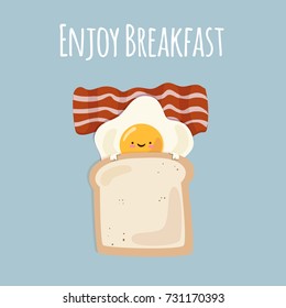 Funny Good Morning Breakfast Egg With Toast And Bacon Cartoon. Vector Illustration