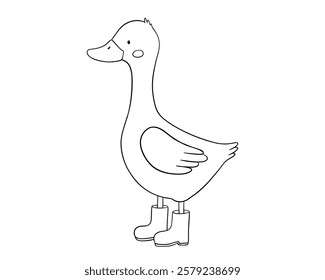 Funny goose with boots, childish line art, hand drawn illustration for coloring book or page