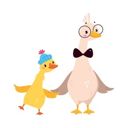 Funny Goose Character Father With Baby Gosling Vector Illustration
