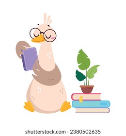 Funny Goose Character Sitting and Reading Book Vector Illustration