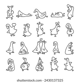 Funny goose characters. Coloring Page. Cute cartoon kawaii duck. Hand drawn style. Vector drawing. Collection of design elements.