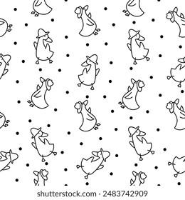 Funny goose characters. Seamless pattern. Coloring Page. Cute cartoon kawaii duck. Hand drawn style. Vector drawing. Design ornaments.