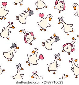 Funny goose characters. Seamless pattern. Cute cartoon kawaii duck. Hand drawn style. Vector drawing. Design ornaments.