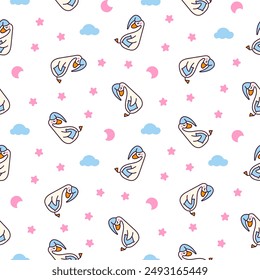 Divertidos personajes de ganso. Patrón sin costuras. Lindo pato kawaii de dibujos animados. Estilo dibujado a mano. Dibujo de Vector. Diseñar adornos.