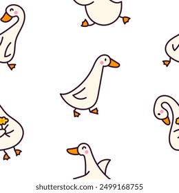 Funny goose characters. Seamless pattern. Cute cartoon kawaii duck. Hand drawn style. Vector drawing. Design ornaments.