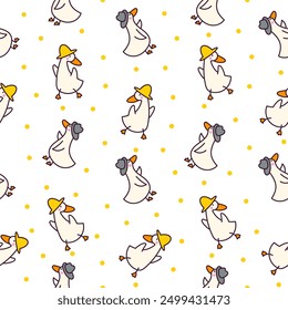 Funny goose characters. Seamless pattern. Cute cartoon kawaii duck. Hand drawn style. Vector drawing. Design ornaments.