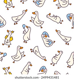 Funny goose characters. Seamless pattern. Cute cartoon kawaii duck. Hand drawn style. Vector drawing. Design ornaments.