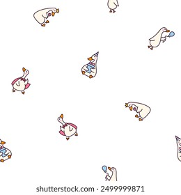 Funny goose characters. Seamless pattern. Cute cartoon kawaii duck. Hand drawn style. Vector drawing. Design ornaments.