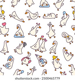 Funny goose characters. Seamless pattern. Cute cartoon kawaii duck. Hand drawn style. Vector drawing. Design ornaments.