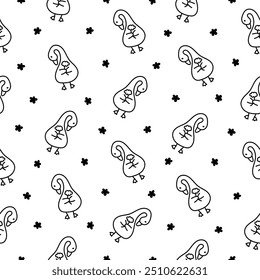 Funny goose characters. Seamless pattern. Coloring Page. Cute cartoon kawaii duck. Hand drawn style. Vector drawing. Design ornaments.