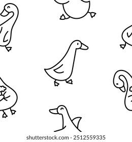 Funny goose characters. Seamless pattern. Coloring Page. Cute cartoon kawaii duck. Hand drawn style. Vector drawing. Design ornaments.