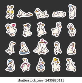 Funny goose characters. Sticker Bookmark. Cute cartoon kawaii duck. Hand drawn style. Vector drawing. Collection of design elements.
