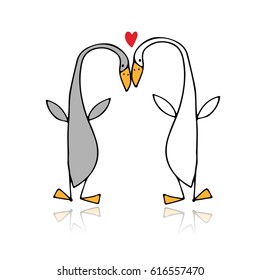 Funny goose couple, sketch for your design. Vector illustration