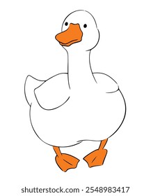 Lustige Gans niedlichen Charakter handgezeichnet. Weißes Enten- oder Gänsedoodle-Symbol. Spaß und einfache Vektorgrafik. Bauernhof Kern Cartoon kawaii Hausvogel Zeichnung.