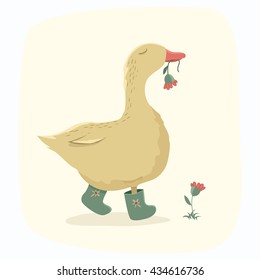 Funny Goose with a flower, walk, vector illustration