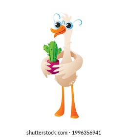 A funny goose with glasses holds a plant in its wings.