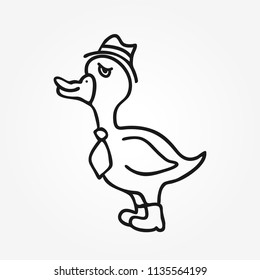 Funny goose with hat, tie and shoes drawn by hand. Sketch, doodle, line art. Isolated vector illustration.