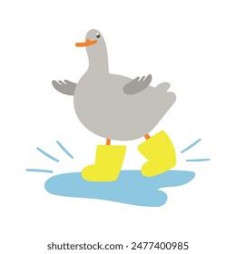 Funny goose jumping in puddle wearing yellow rain boots vector illustration