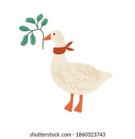 Funny goose with red collar on neck isolated on white background. Domestic bird holding green branch with leaves in beak. Hand drawn flat textured vector illustration