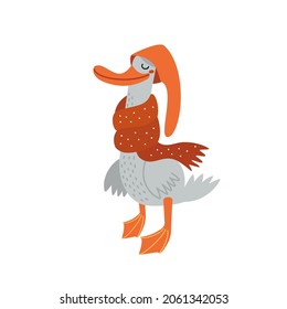 Funny goose in red hat and warm scarf. Cute duck wearing winter clothes. Cartoon wild animal in scandinavian style. Hand drawn vector illustration isolated on white. Flat design