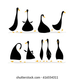 Funny goose set, sketch for your design. Vector illustration