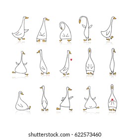 Funny goose set, sketch for your design. Vector illustration