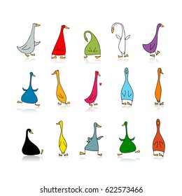 Funny goose set, sketch for your design. Vector illustration