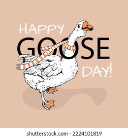 Funny Goose in a striped scarf. Humor card, t-shirt composition, meme, hand drawn style print. Vector illustration.