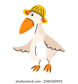 Funny goose wearing a yellow hat, panama hat. For children's books, posters, stickers, and greeting cards. Vector illustration