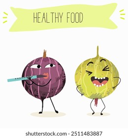 Personagens engraçados da Gooseberry. Design de ícone de ilustração de caractere estilo doodle desenhado à mão vetorial. Personagem bonito mascote da Gooseberry.