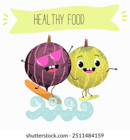 Funny Gooseberry characters. Vector hand drawn doodle style  character illustration icon design. Cute Gooseberry mascot character.