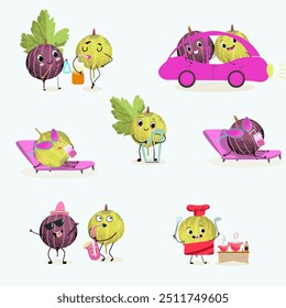 Funny Gooseberry characters. Vector hand drawn doodle style  character illustration icon design. Cute Gooseberry mascot character collection.