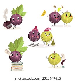 Personagens engraçados da Gooseberry. Design de ícone de ilustração de caractere estilo doodle desenhado à mão vetorial. Coleção de personagens bonitos mascote Gooseberry.