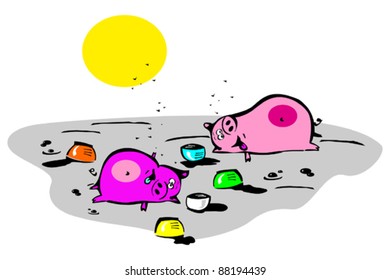 Funny gorged pigs