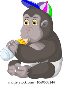 funny gorilla cartoon sitting with smile and drink milk