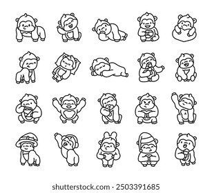 Funny gorillas in different poses. Coloring Page. Cute cartoon character. Hand drawn style. Vector drawing. Collection of design elements.