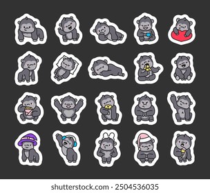 Funny gorillas in different poses. Sticker Bookmark. Cute cartoon character. Hand drawn style. Vector drawing. Collection of design elements.