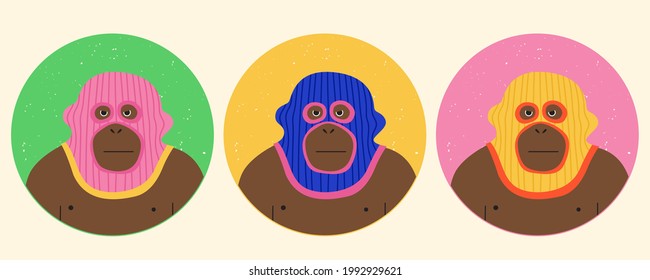 Funny gorillas wearing balaclava ski mask. Hipster monkeys dressed as a robbers with a colorful thief mask. Isolated print for T-shirt, poster, mug, and for cricut.