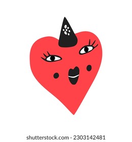 Funny gothic heart. Cute cartoon character. Creative hand drawn hearts with emotion. Vector illustration