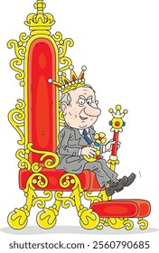 Funny government official with a king crown, imagined himself a great emperor and sitting on a royal golden throne in a palace, vector cartoon illustration isolated on a white background