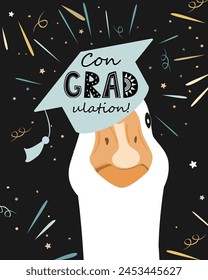 Divertido personaje de ganso graduado en sombrero de graduación con letras ConGraduation. Gansos con gorra de graduación. Ilustración aislada de Vector.