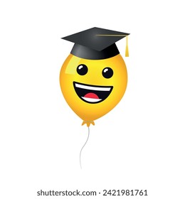 Funny graduating icon. Yellow balloon with cute laughing face and academic hat, 3D graphic design. Educational creative character. Vector illustration. Holiday symbol. Isolated symbol. Prom banner.