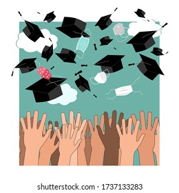 Funny graduation background with hands, and bonnets and medical masks in the air. Flying masks and grads hats, Quarantine 2020 Graduation ceremony concept, vector illustration.