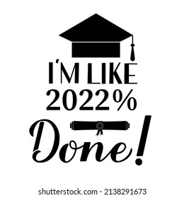 Funny graduation poster with lettering I am like 2022 percent done. Congratulations to graduates sign.  Vector template for greeting card, banner, sticker, label, t-shirt, etc. 